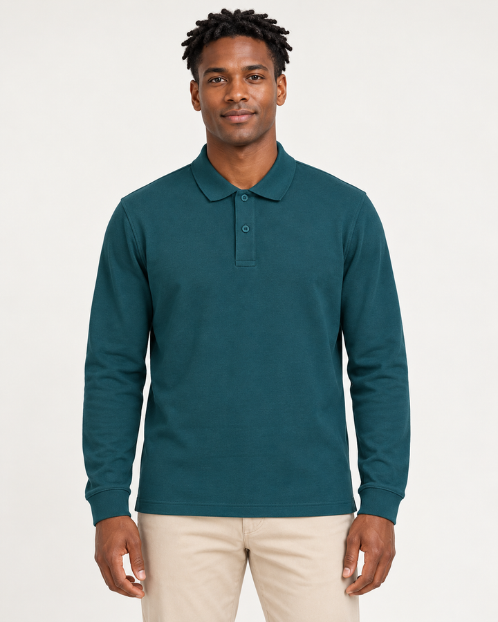 Sitztgut Unisex-Langarm-Poloshirt aus Baumwolle – Petrol – Vorderansicht
