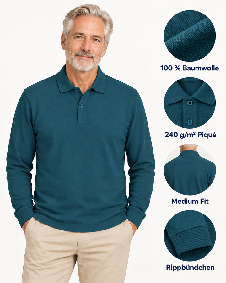 Sitztgut Unisex-Langarm-Poloshirt aus Baumwolle – Petrol – Produktdetails