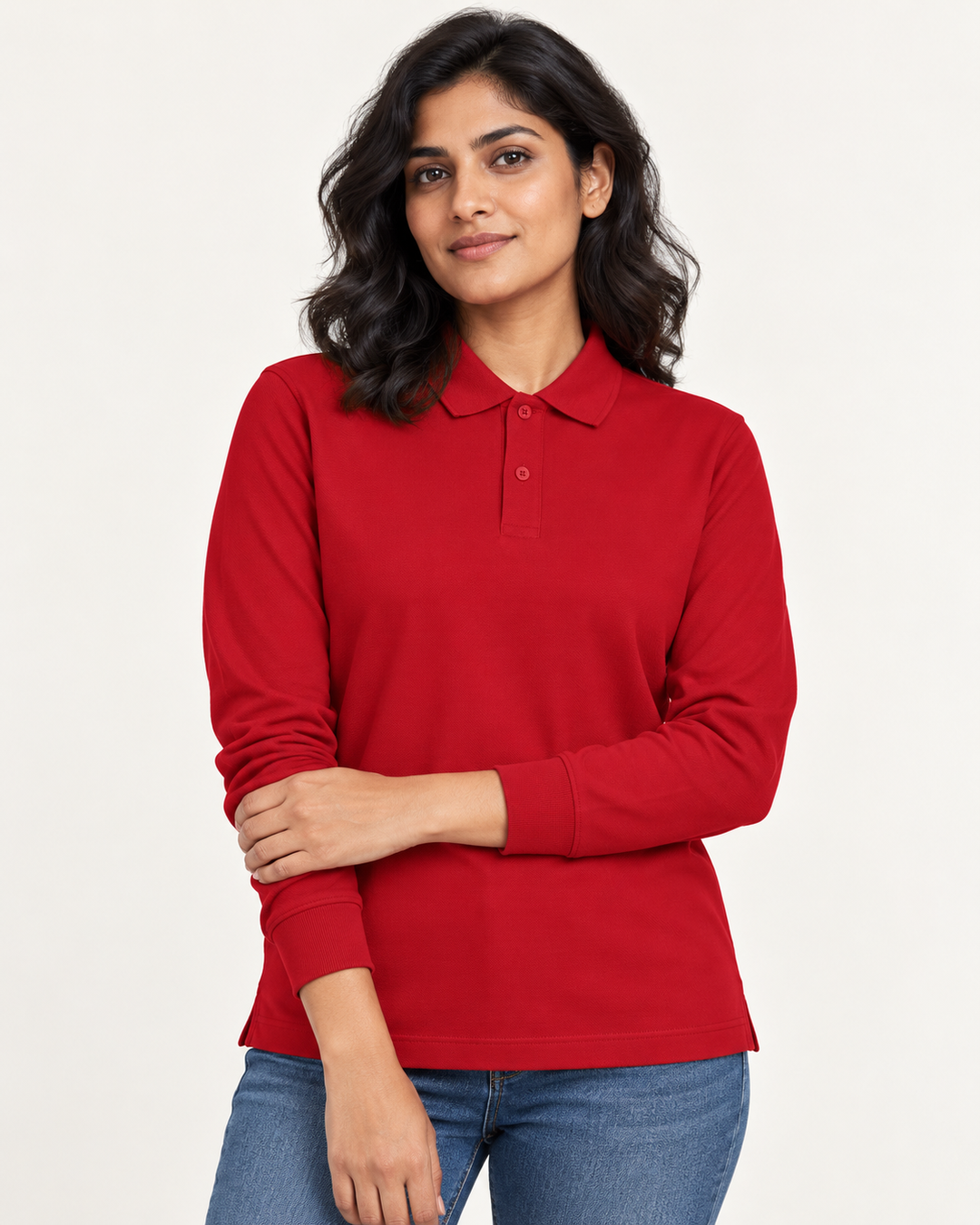 Sitztgut Unisex-Langarm-Poloshirt aus Baumwolle – Rot – Materialdetail