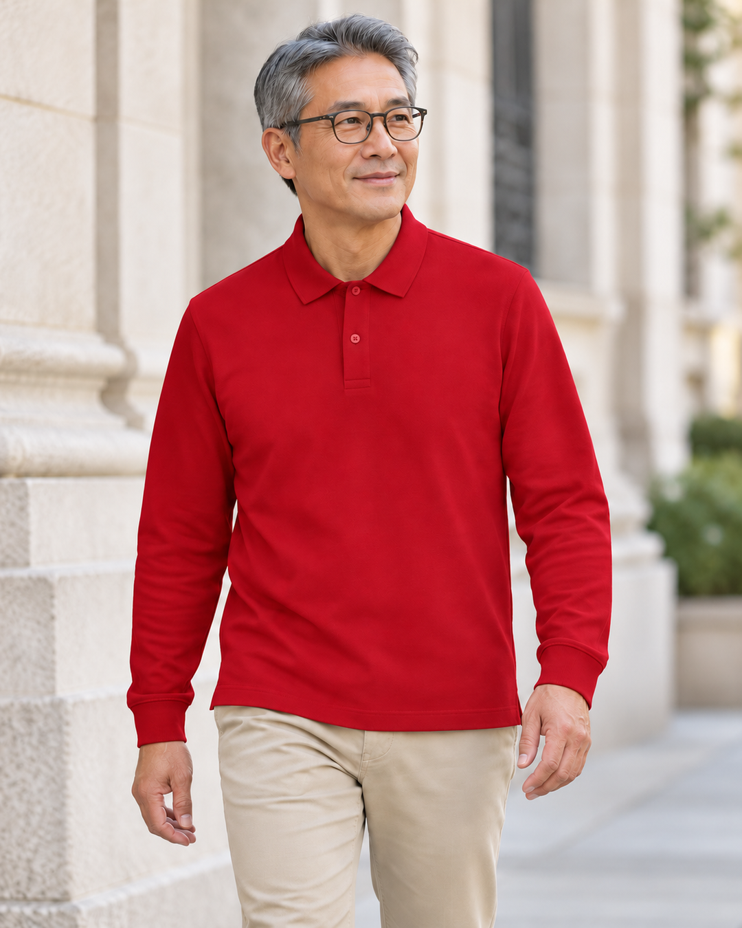 Sitztgut Unisex-Langarm-Poloshirt aus Baumwolle – Rot – Alltagsansicht