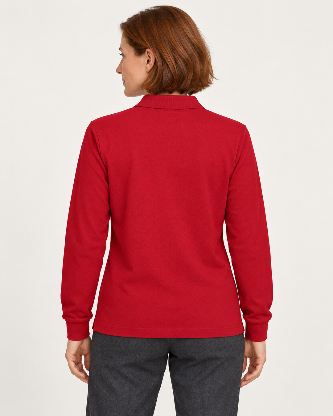 Sitztgut Unisex-Langarm-Poloshirt aus Baumwolle – Rot – Rückenansicht