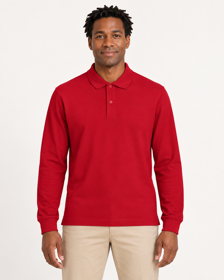 Sitztgut Unisex-Langarm-Poloshirt aus Baumwolle – Rot – Vorderansicht