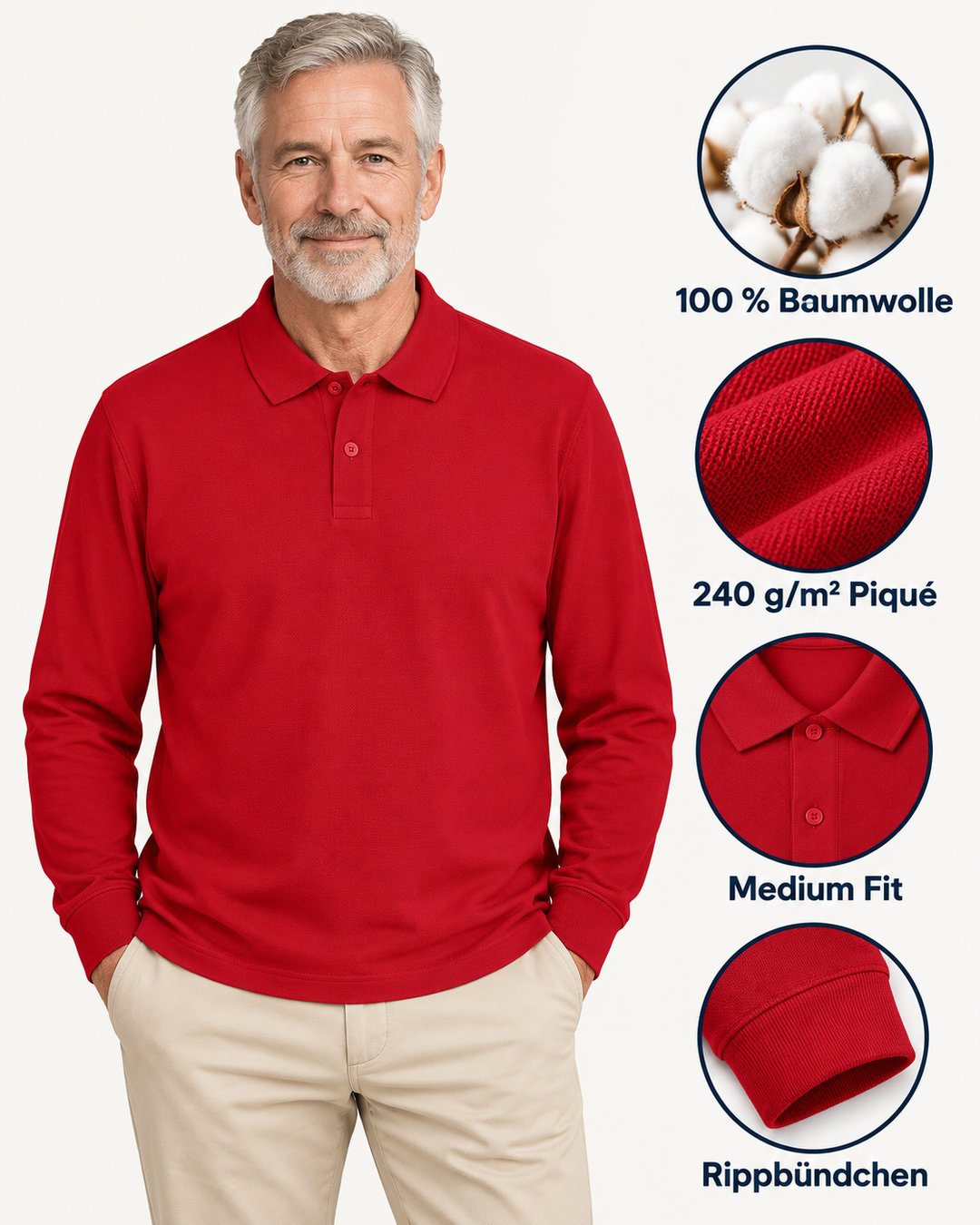 Sitztgut Unisex-Langarm-Poloshirt aus Baumwolle – Rot – Produktdetails