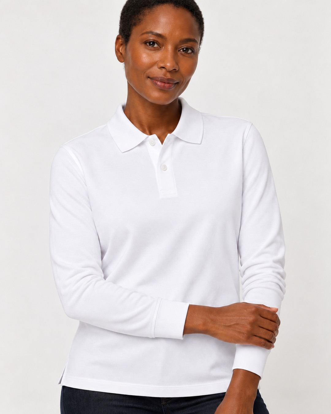 Sitztgut Unisex-Langarm-Poloshirt aus Baumwolle – Weiß – Materialdetail