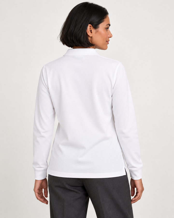 Sitztgut Unisex-Langarm-Poloshirt aus Baumwolle – Weiß – Rückenansicht