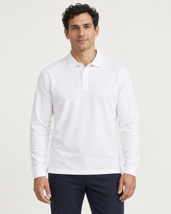 Sitztgut Unisex-Langarm-Poloshirt aus Baumwolle – Weiß – Vorderansicht