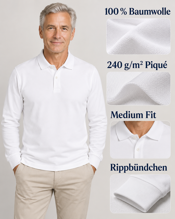 Sitztgut Unisex-Langarm-Poloshirt aus Baumwolle – Weiß – Produktdetails