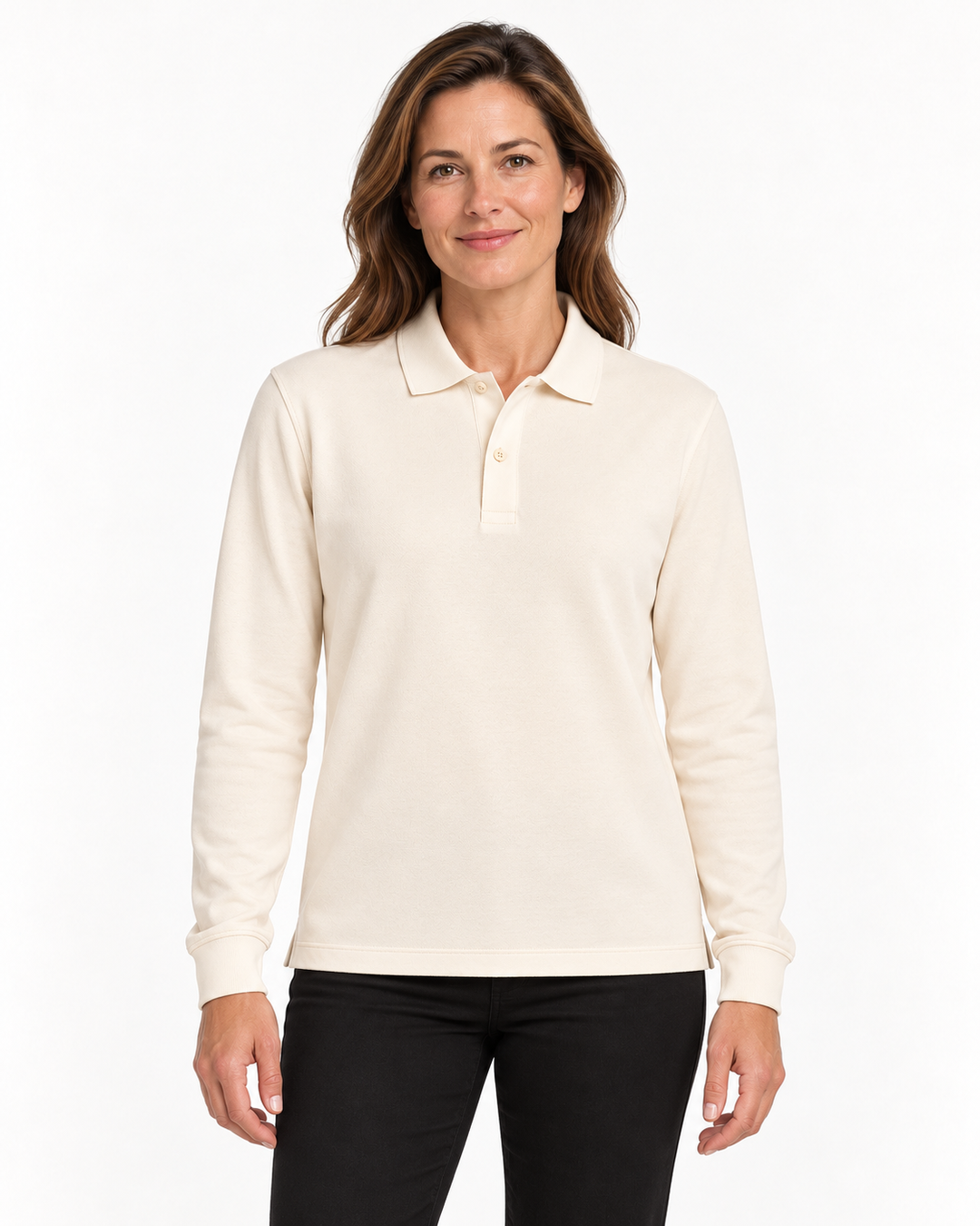Sitztgut Damen-Langarm-Poloshirt aus Baumwolle – Natur – Damenmodel, Hauptbild