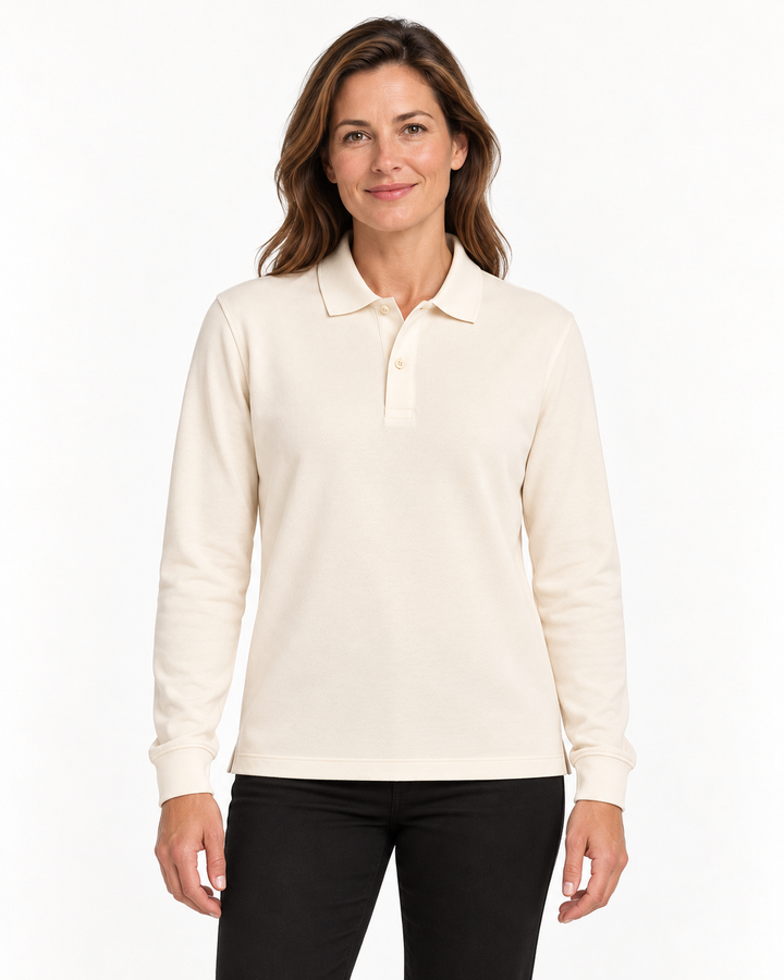 Sitztgut Damen-Langarm-Poloshirt aus Baumwolle – Natur – Damenmodel, Hauptbild