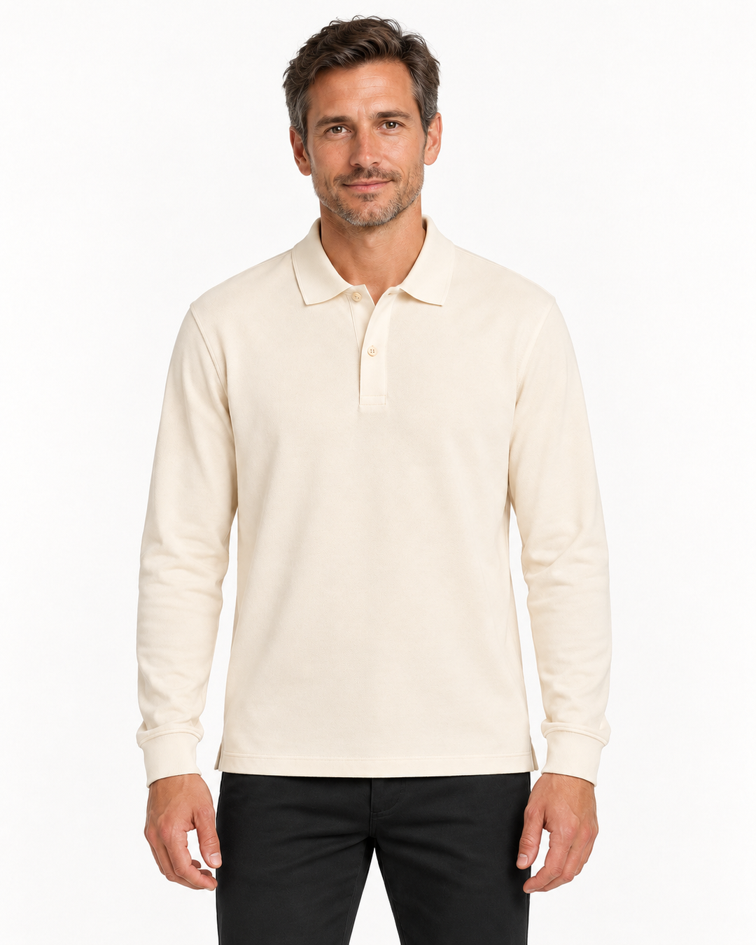 Sitztgut Herren-Langarm-Poloshirt aus Baumwolle – Natur – Herrenmodel, Hauptbild