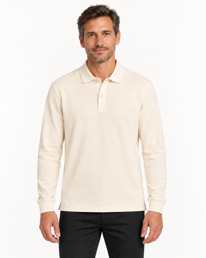 Sitztgut Herren-Langarm-Poloshirt aus Baumwolle – Natur – Herrenmodel, Hauptbild
