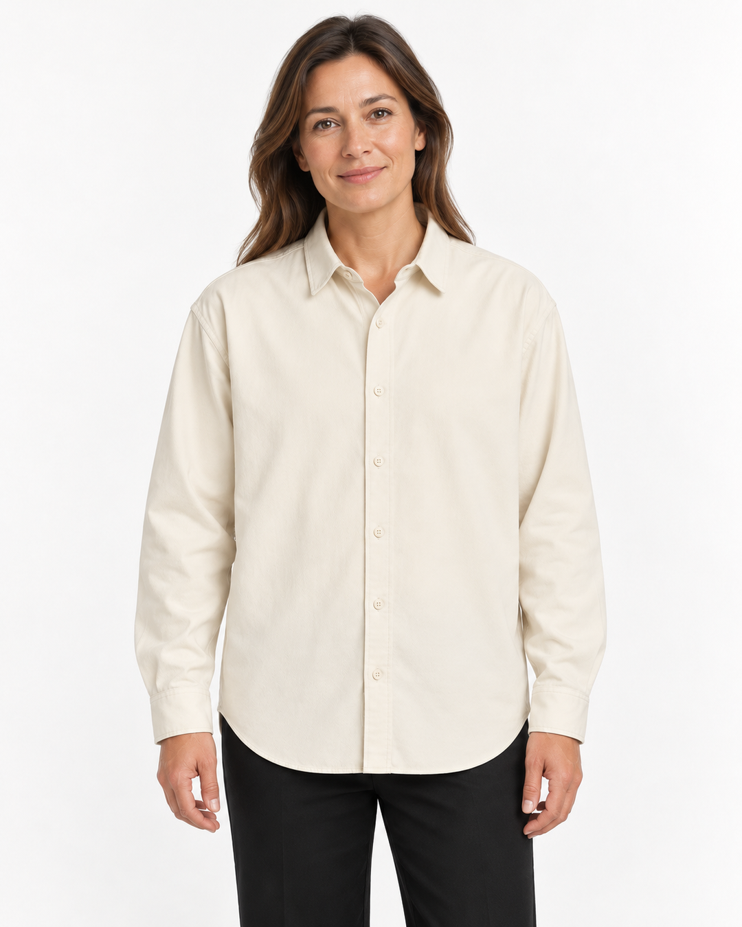Sitztgut Damen-Langarmhemd aus Baumwoll-Twill – Natur – Damenmodel, Hauptbild