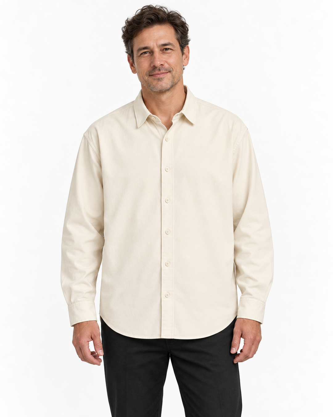 Sitztgut Herren-Langarmhemd aus Baumwoll-Twill – Natur – Herrenmodel, Hauptbild
