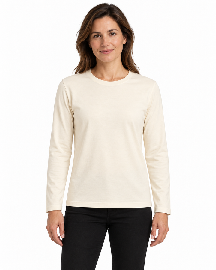Sitztgut Damen-Langarmshirt aus Baumwolle – Natur – Damenmodel, Hauptbild