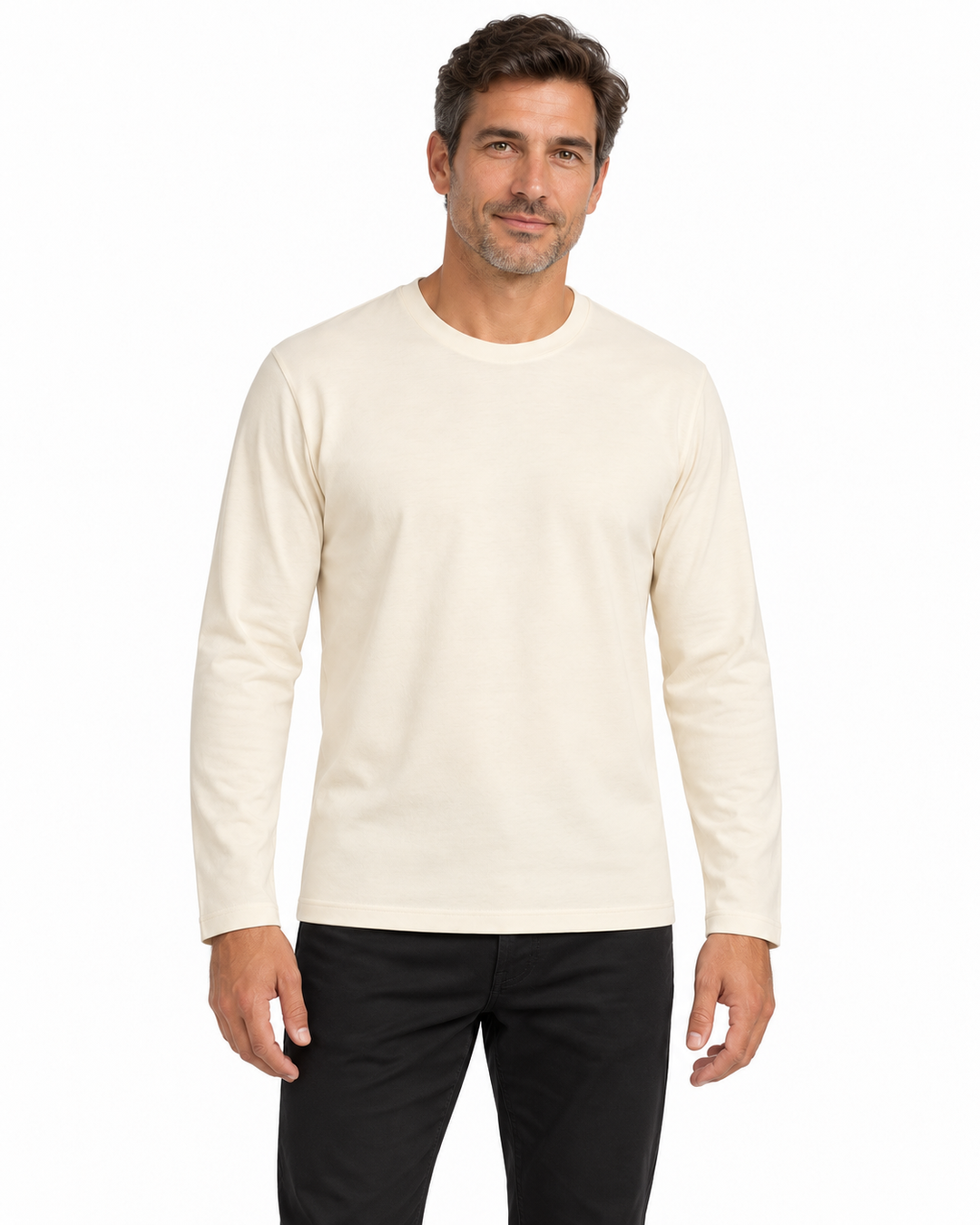 Sitztgut Herren-Langarmshirt aus Baumwolle – Natur – Herrenmodel, Hauptbild