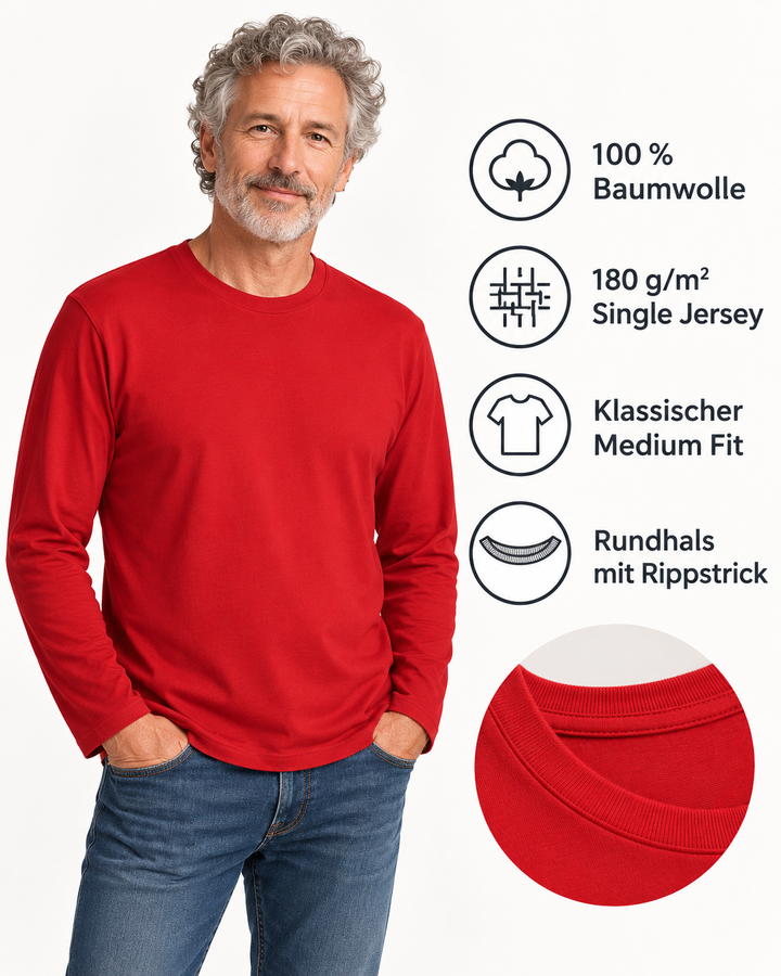 Sitztgut Unisex-Langarmshirt aus Baumwolle, 180 g/m² – Rot – Produktdetails