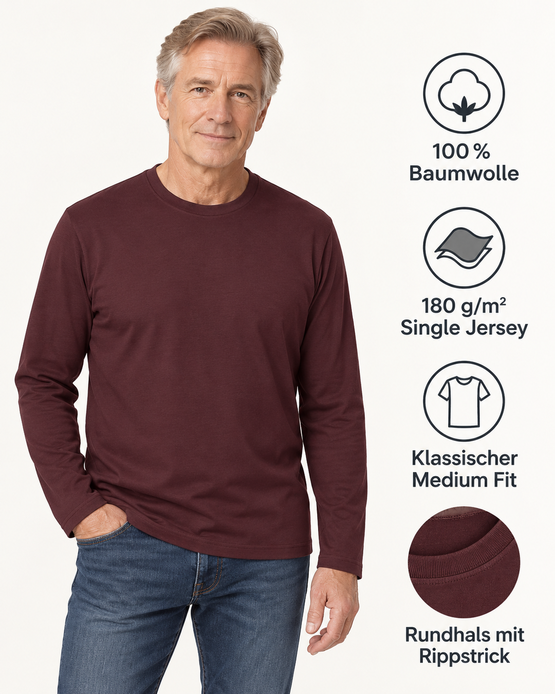 Sitztgut Unisex-Langarmshirt aus Baumwolle, 180 g/m² – Rotbraun – Produktdetails