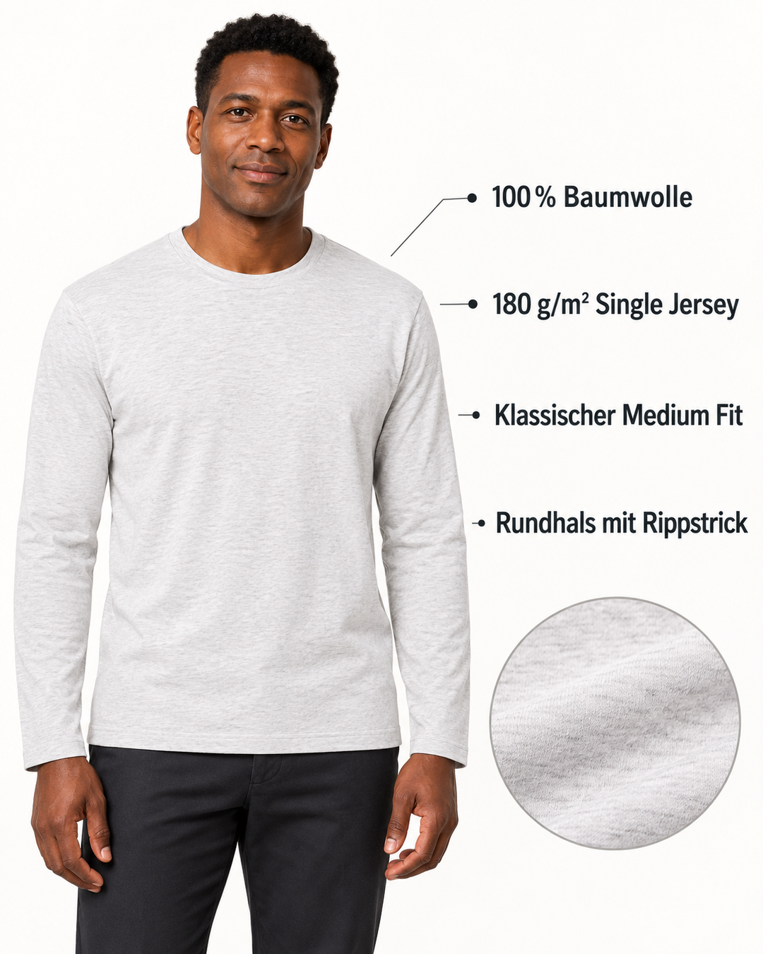 Sitztgut Unisex-Langarmshirt aus Baumwolle, 180 g/m² – Hellgrau meliert (Cool Heather Grey) – Produktdetails