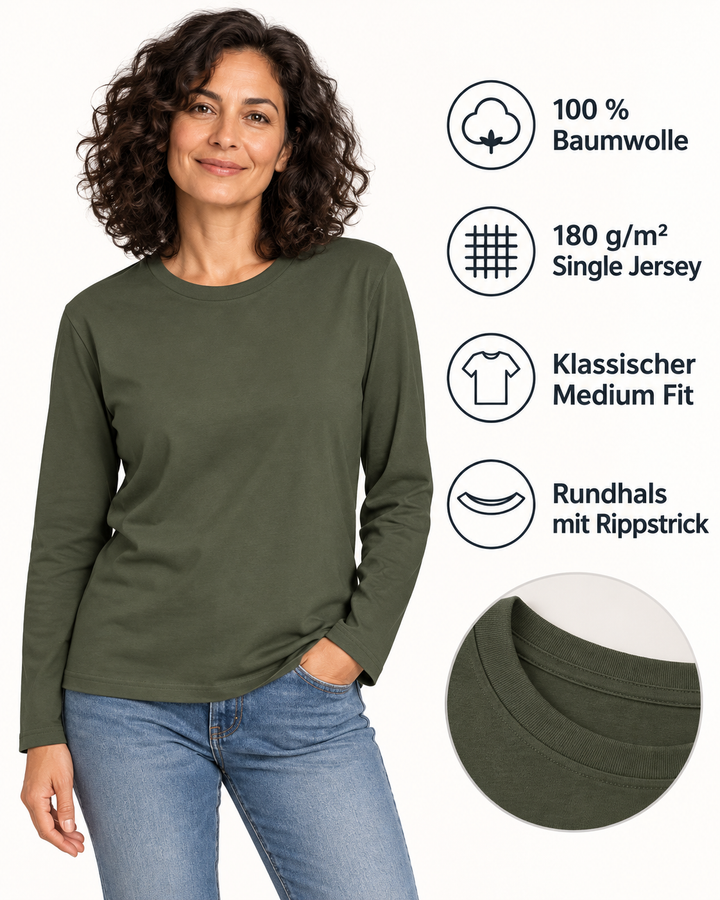 Sitztgut Unisex-Langarmshirt aus Baumwolle, 180 g/m² – Khaki – Produktdetails