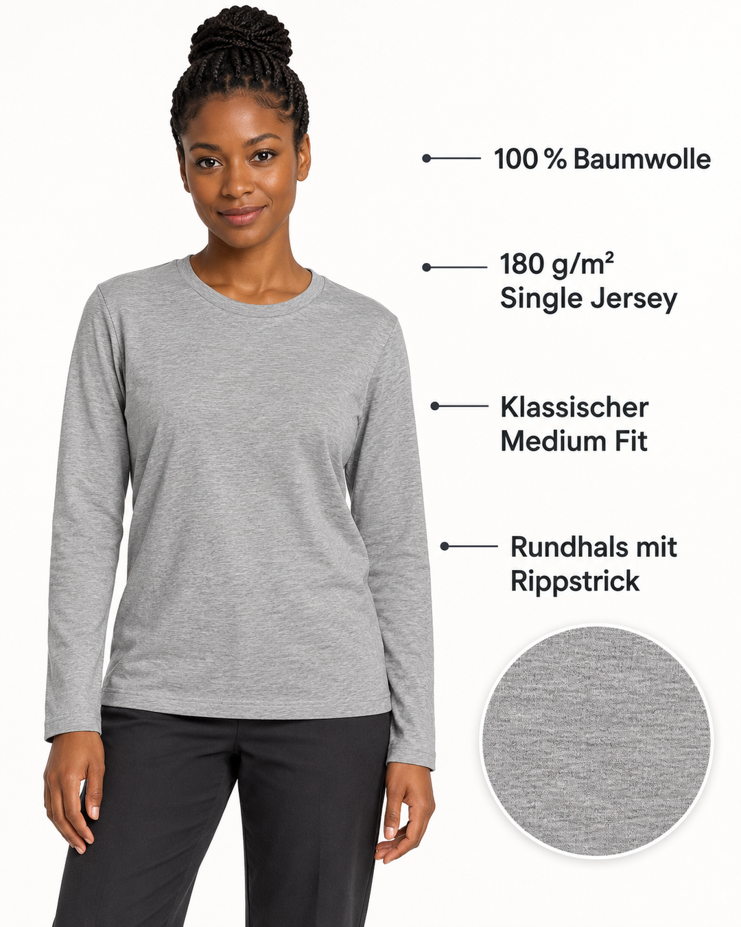 Sitztgut Unisex-Langarmshirt aus Baumwolle, 180 g/m² – Grau meliert (Heather Grey) – Produktdetails