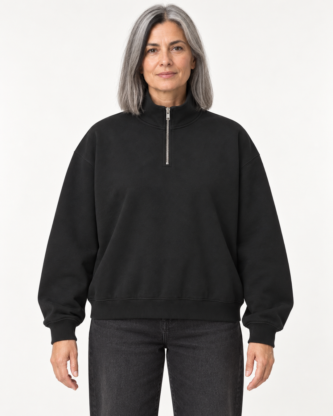 Sitztgut Unisex-Sweatshirt mit Viertelreißverschluss, 400 g/m² – Schwarz – Vorderansicht