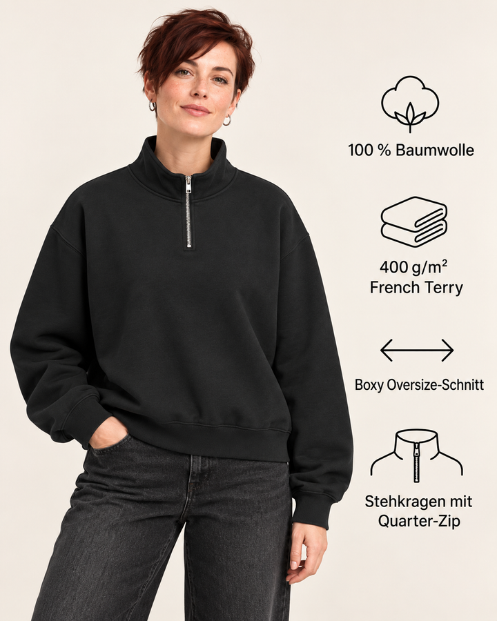 Sitztgut Unisex-Sweatshirt mit Viertelreißverschluss, 400 g/m² – Schwarz – Produktdetails