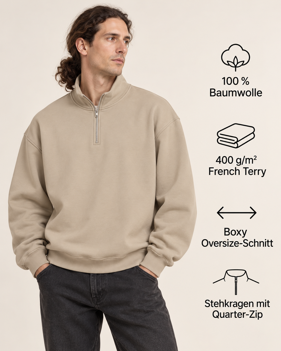 Sitztgut Unisex-Sweatshirt mit Viertelreißverschluss, 400 g/m² – Desert Dust – Produktdetails