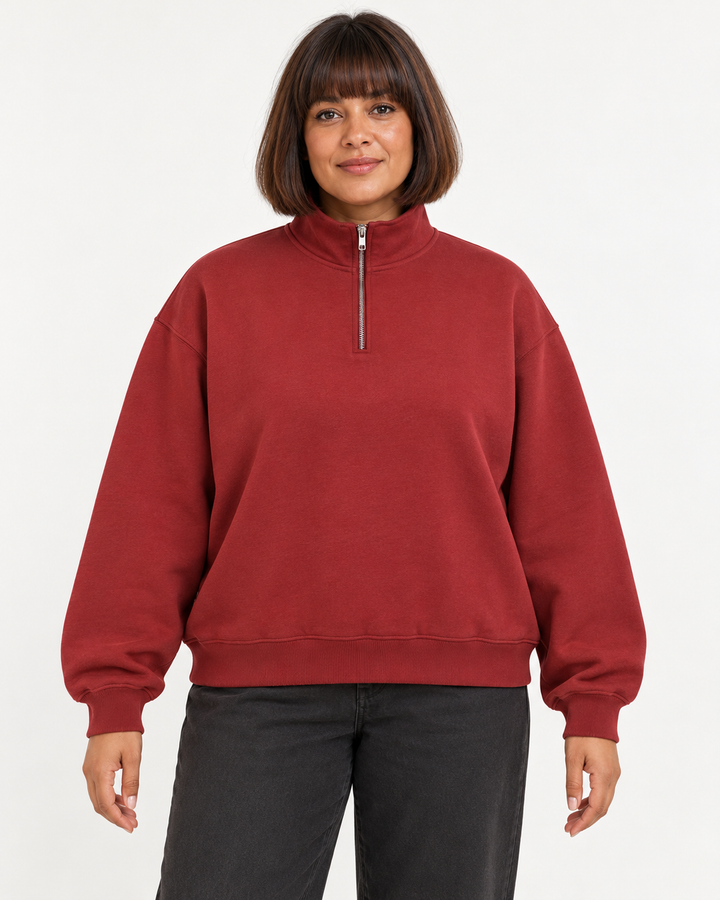 Sitztgut Unisex-Sweatshirt mit Viertelreißverschluss, 400 g/m² – Red Earth – Vorderansicht
