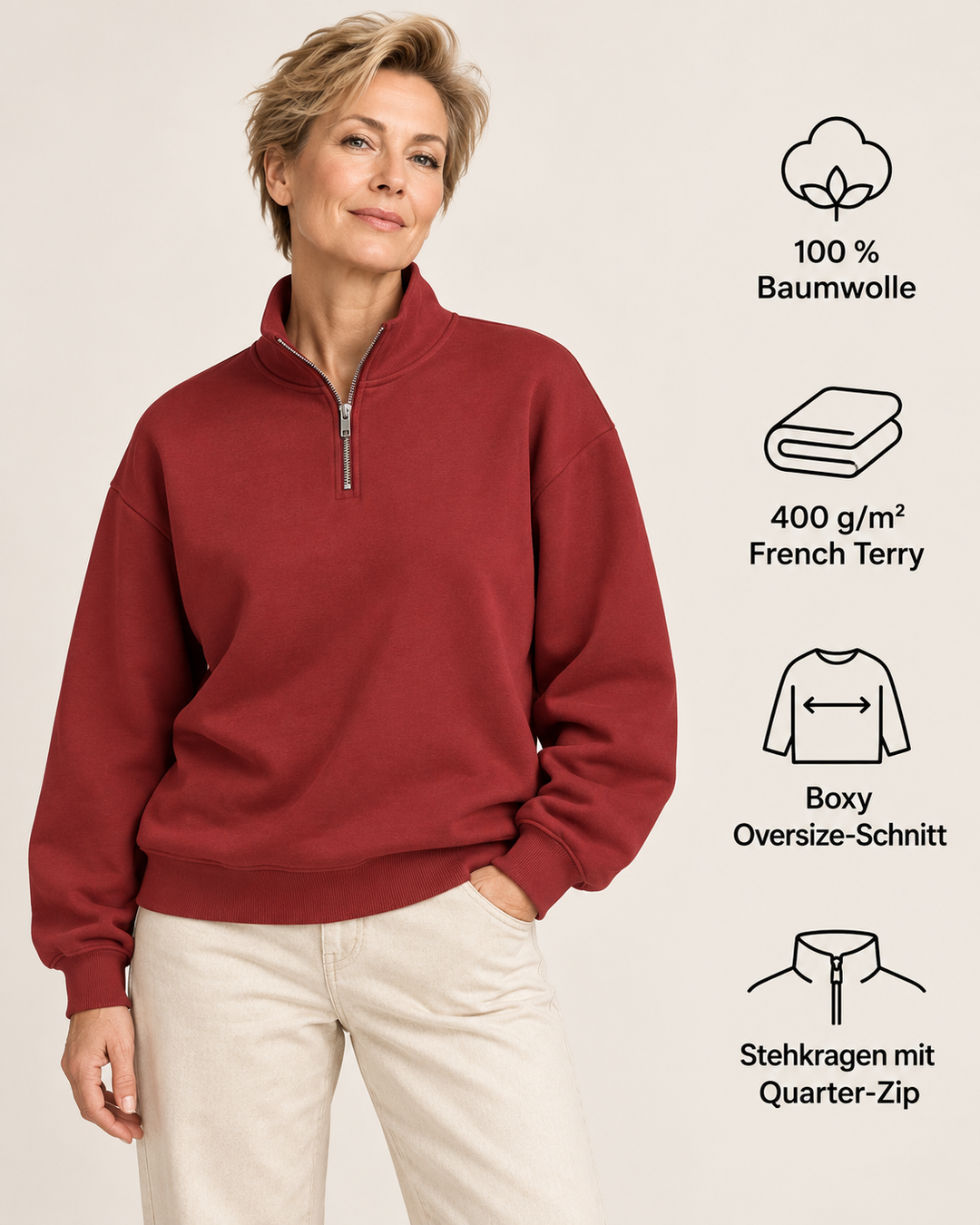 Sitztgut Unisex-Sweatshirt mit Viertelreißverschluss, 400 g/m² – Red Earth – Produktdetails