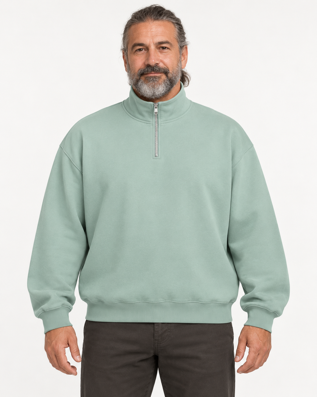 Sitztgut Unisex-Sweatshirt mit Viertelreißverschluss, 400 g/m² – Aloe – Vorderansicht