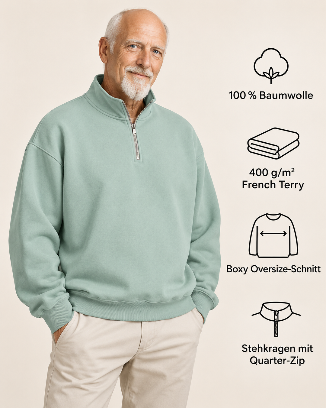 Sitztgut Unisex-Sweatshirt mit Viertelreißverschluss, 400 g/m² – Aloe – Produktdetails