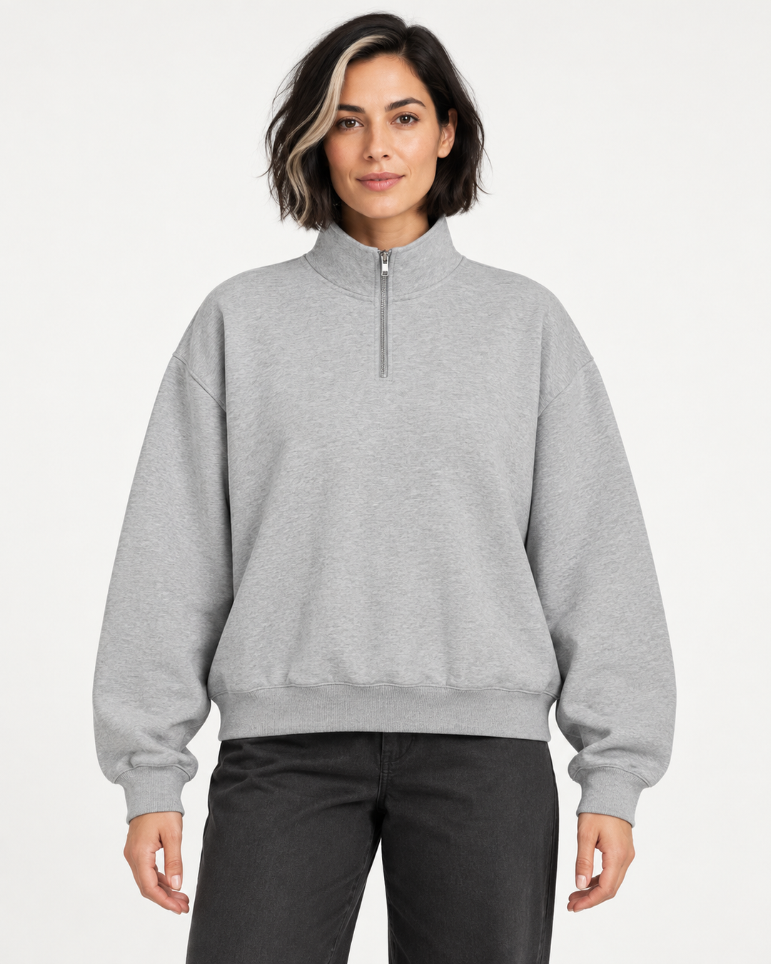Sitztgut Unisex-Sweatshirt mit Viertelreißverschluss, 400 g/m² – Grau meliert (Heather Grey) – Vorderansicht