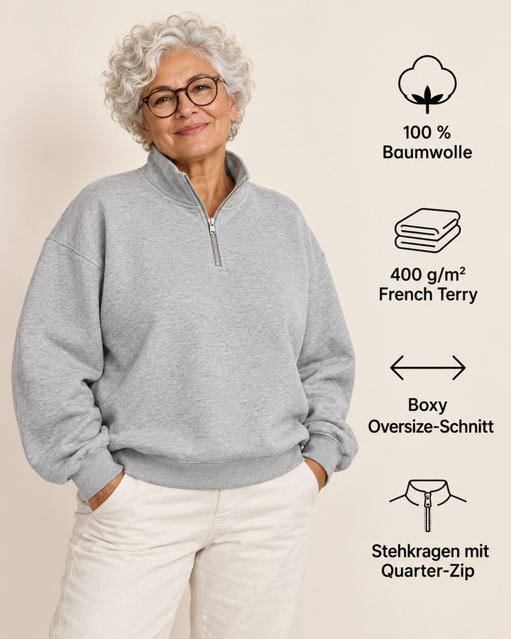 Sitztgut Unisex-Sweatshirt mit Viertelreißverschluss, 400 g/m² – Grau meliert (Heather Grey) – Produktdetails