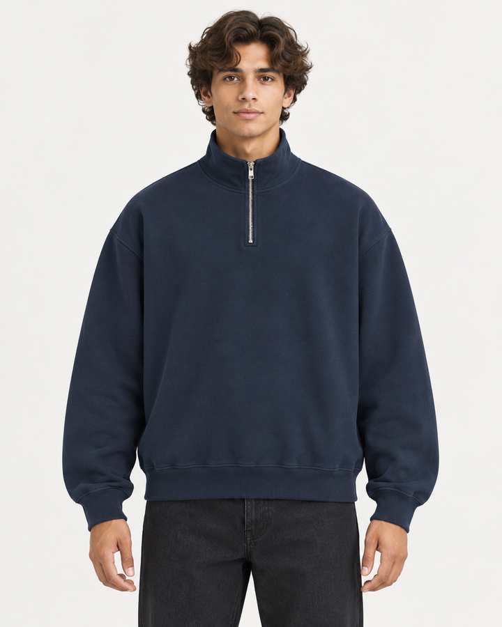 Sitztgut Unisex-Sweatshirt mit Viertelreißverschluss, 400 g/m² – Marineblau – Vorderansicht