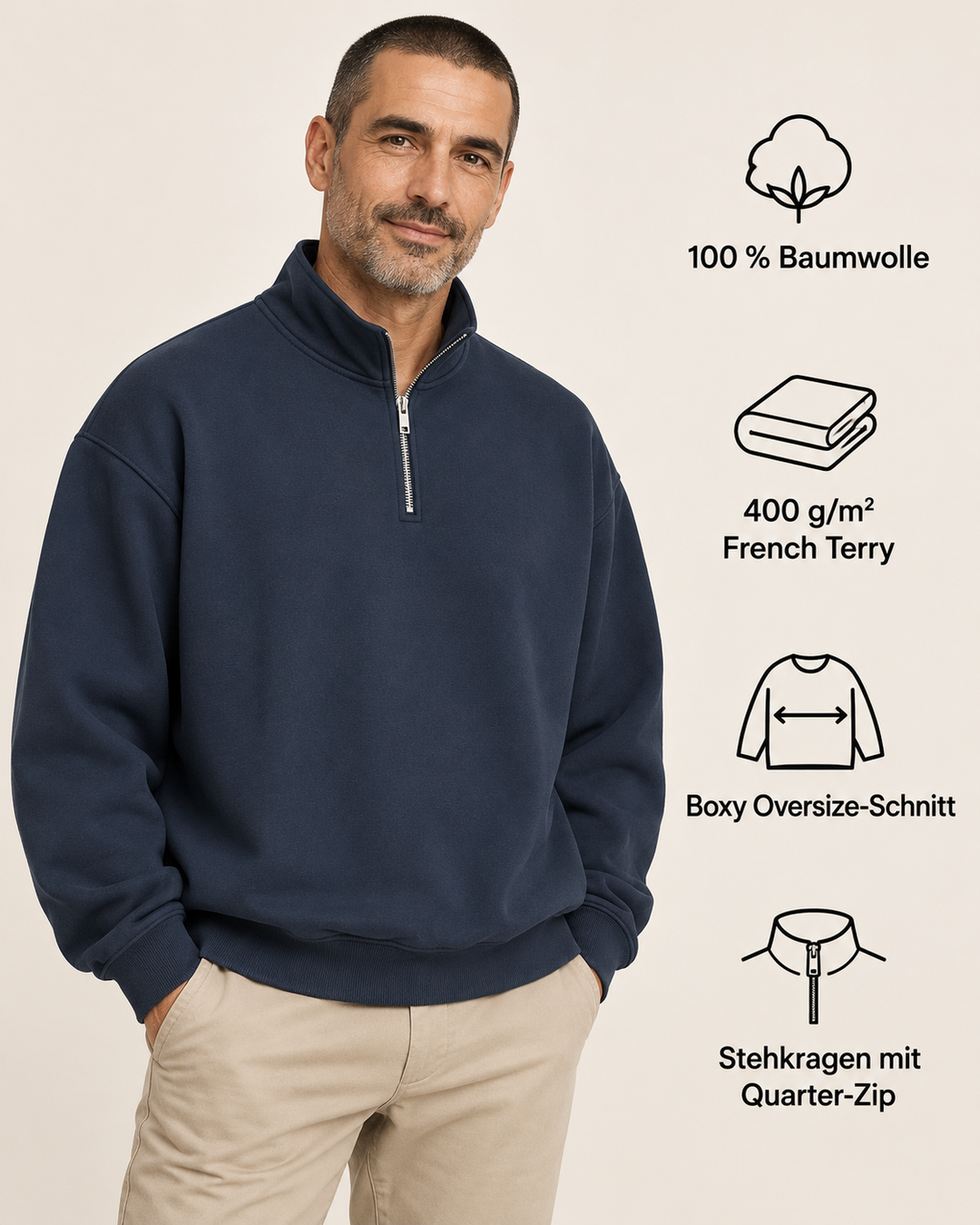Sitztgut Unisex-Sweatshirt mit Viertelreißverschluss, 400 g/m² – Marineblau – Produktdetails