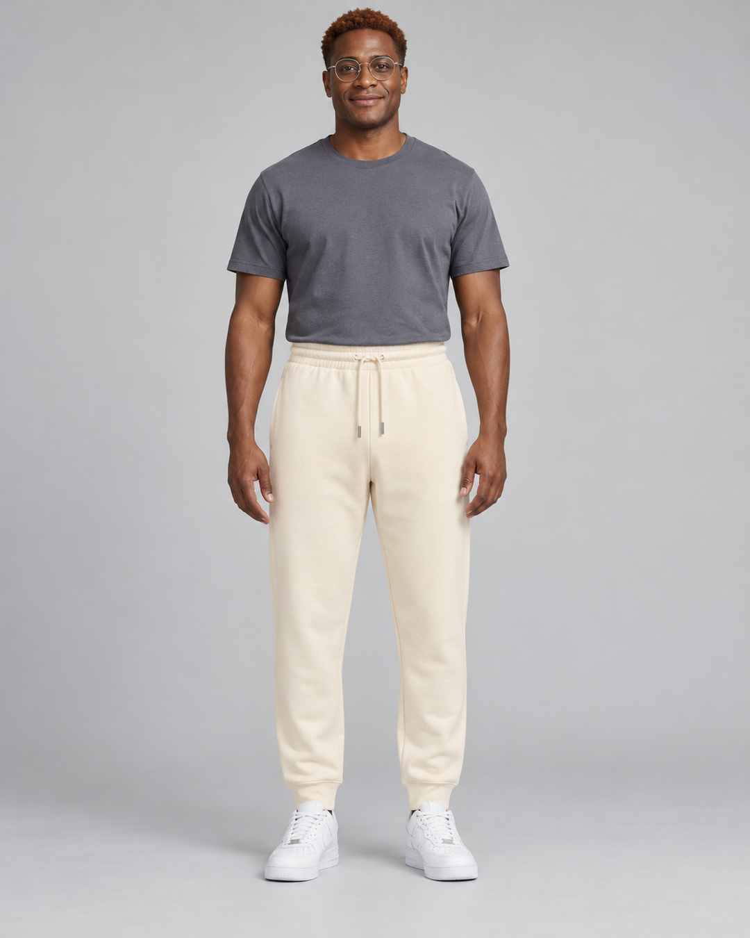 Sitztgut Unisex-Jogginghose aus Baumwolle mit Rippbündchen – Natur – Vorderansicht