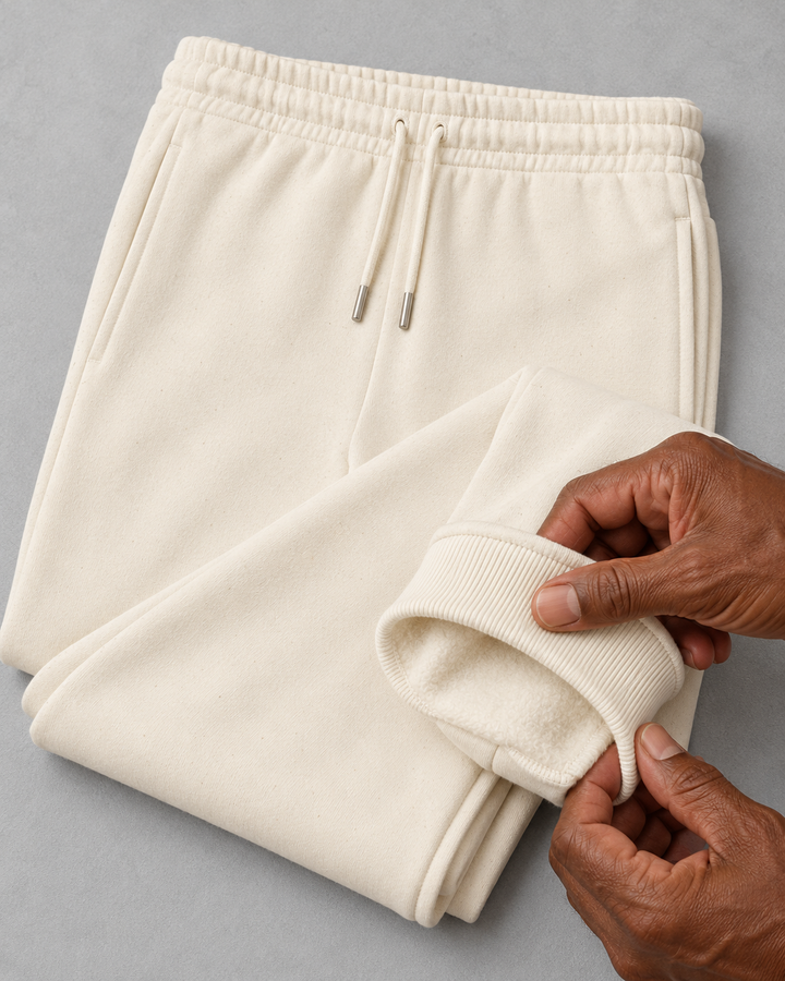 Sitztgut Unisex-Jogginghose aus Baumwolle mit Rippbündchen – Natur – Materialdetail