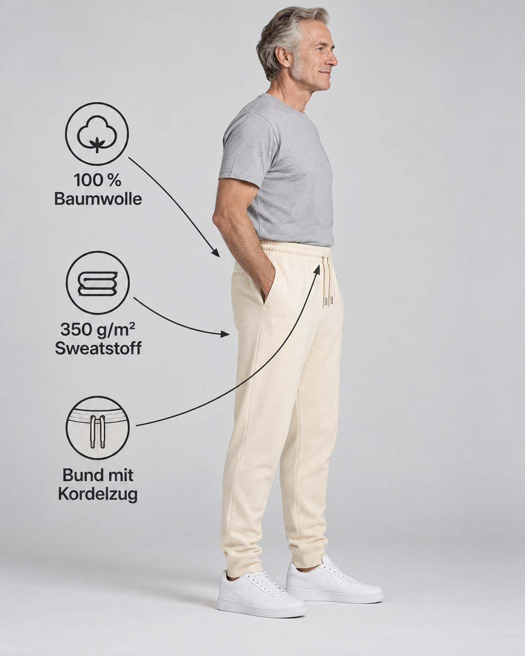 Sitztgut Unisex-Jogginghose aus Baumwolle mit Rippbündchen – Natur – Produktdetails