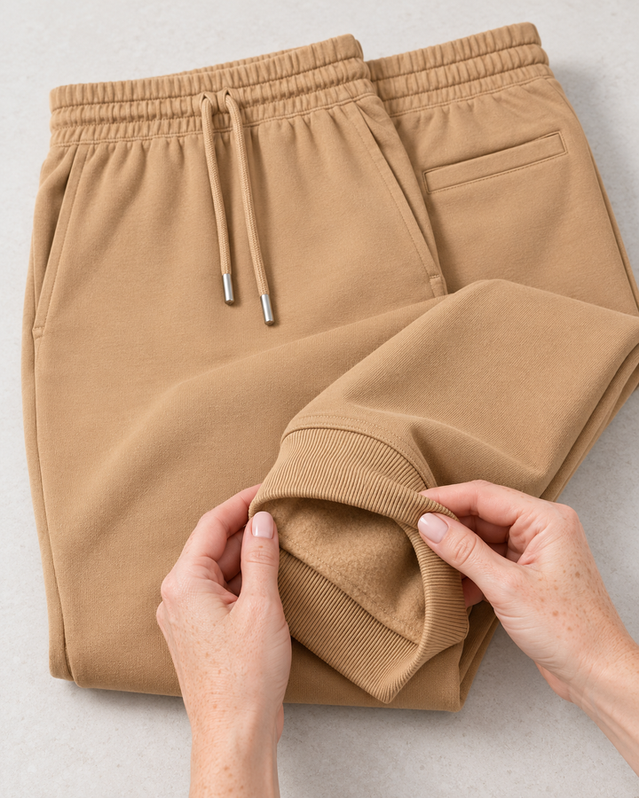 Sitztgut Unisex-Jogginghose aus Baumwolle mit Rippbündchen – Latte – Materialdetail