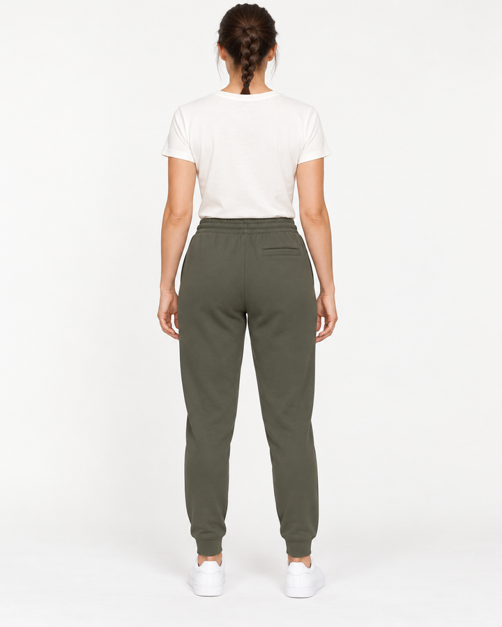 Sitztgut Unisex-Jogginghose aus Baumwolle mit Rippbündchen – Khaki – Rückenansicht