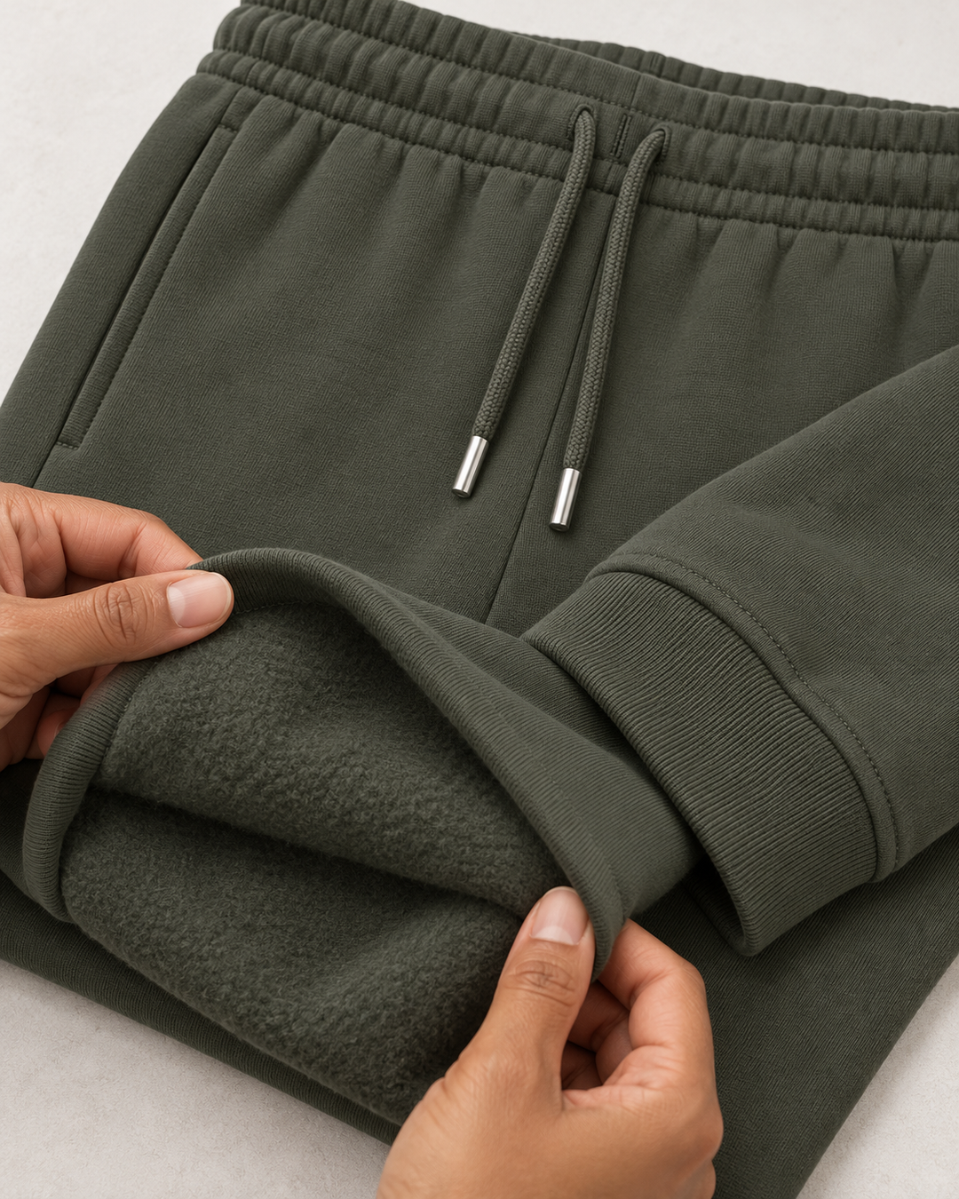 Sitztgut Unisex-Jogginghose aus Baumwolle mit Rippbündchen – Khaki – Materialdetail