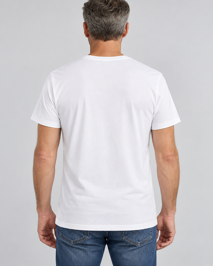 Sitztgut Herren-T-Shirt aus Baumwolle mit V-Ausschnitt – Weiß – Rückenansicht