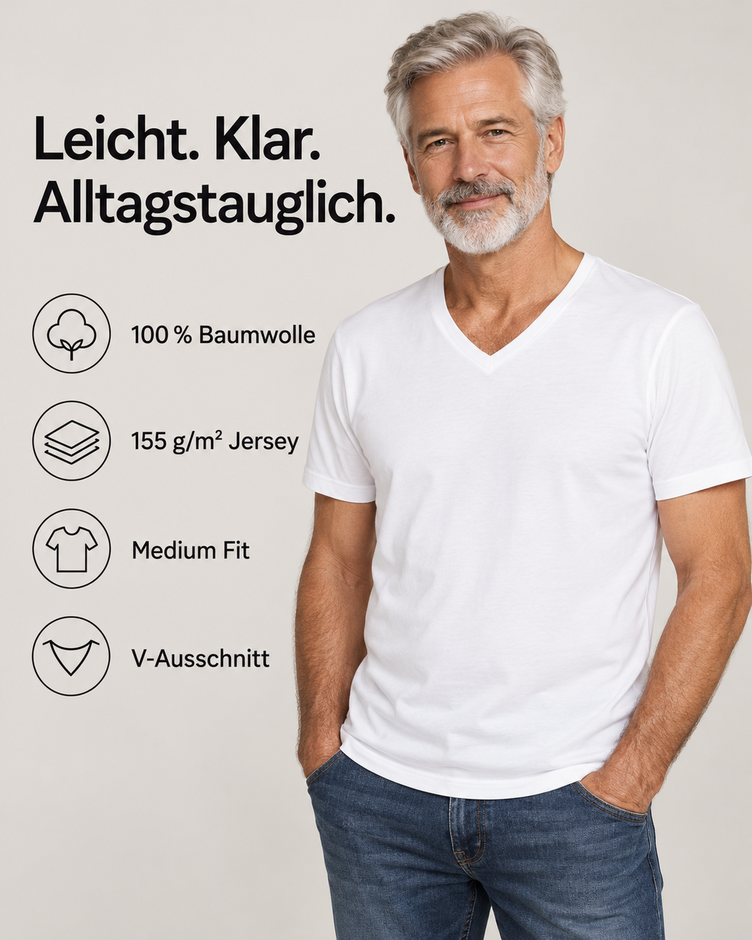 Sitztgut Herren-T-Shirt aus Baumwolle mit V-Ausschnitt – Weiß – Produktdetails