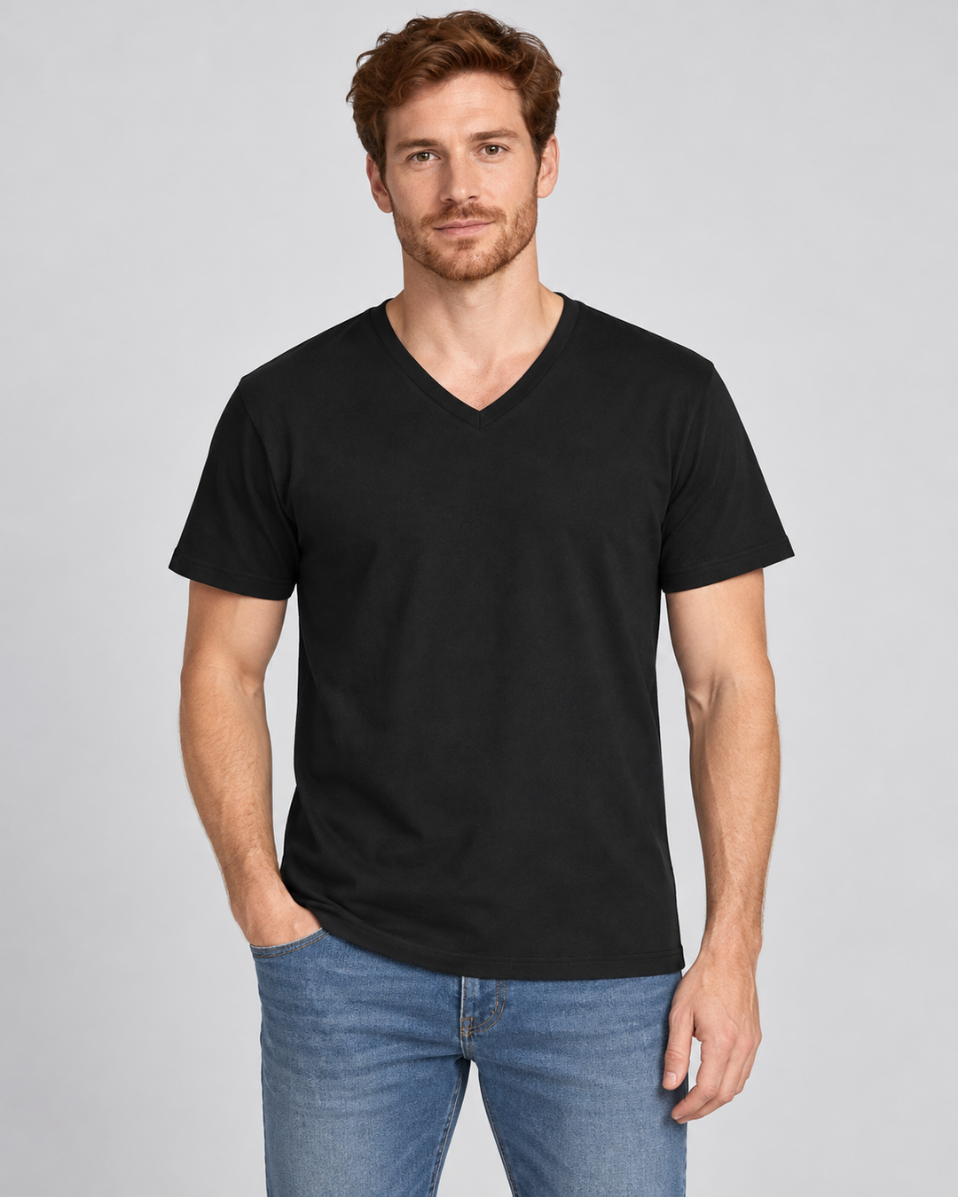 Sitztgut Herren-T-Shirt aus Baumwolle mit V-Ausschnitt – Schwarz – Vorderansicht