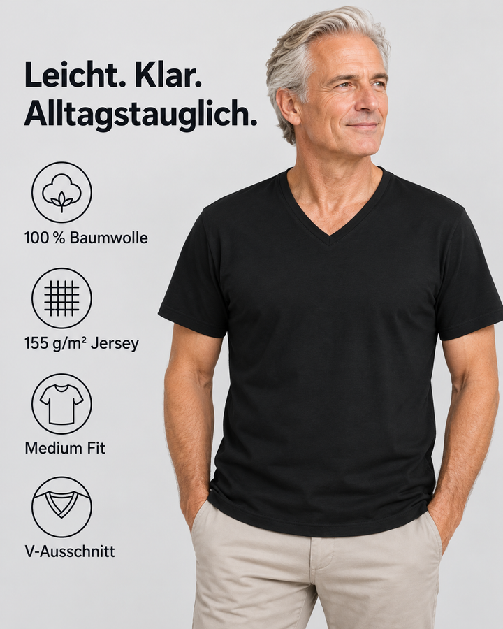 Sitztgut Herren-T-Shirt aus Baumwolle mit V-Ausschnitt – Schwarz – Produktdetails