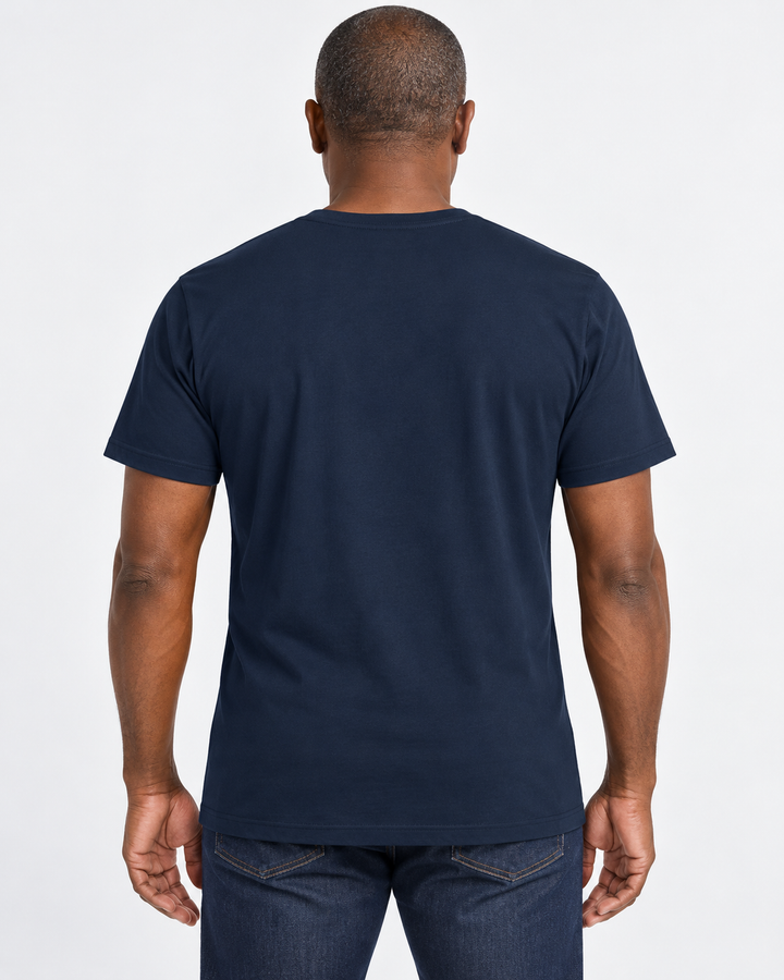 Sitztgut Herren-T-Shirt aus Baumwolle mit V-Ausschnitt – Marineblau – Rückenansicht