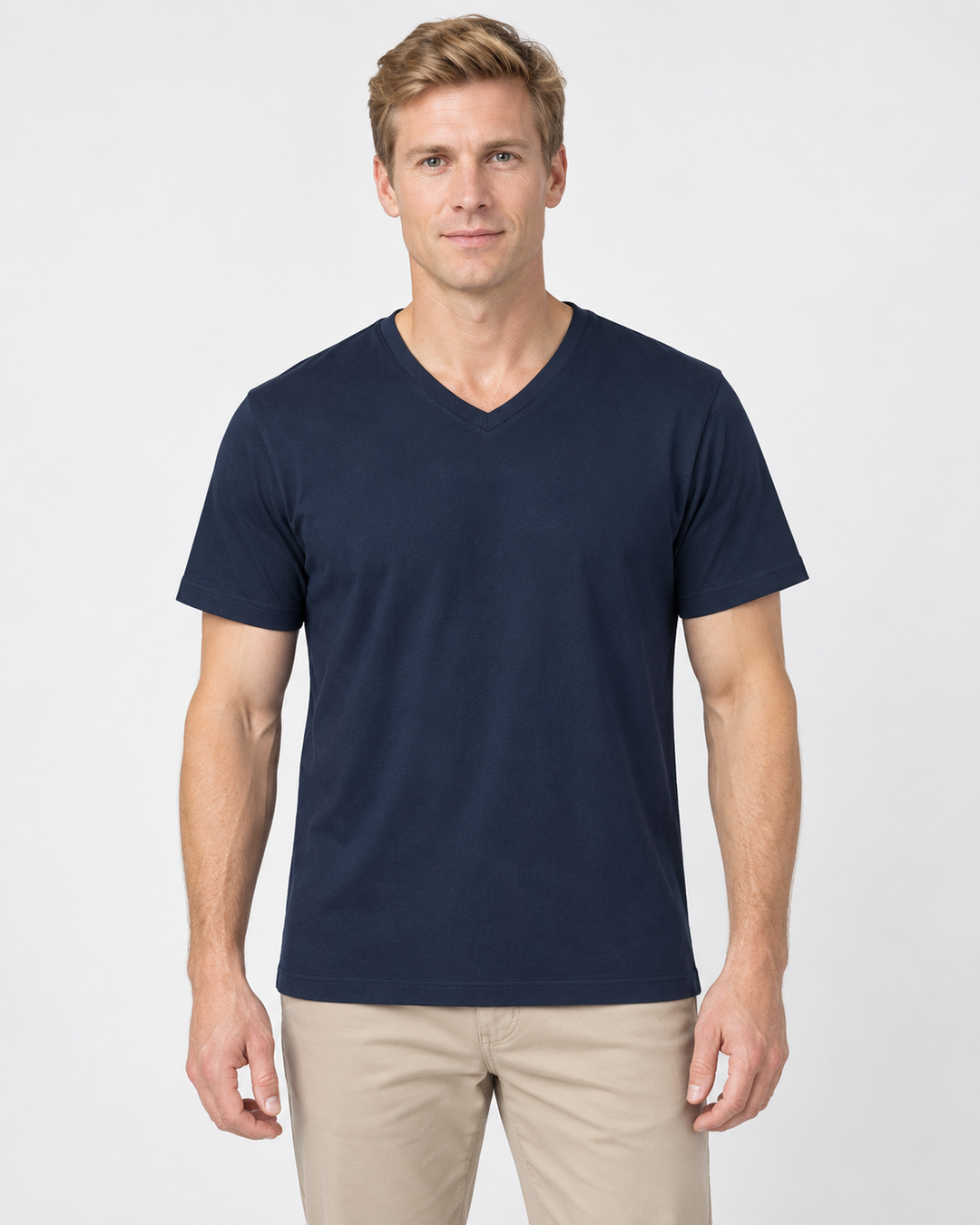 Sitztgut Herren-T-Shirt aus Baumwolle mit V-Ausschnitt – Marineblau – Vorderansicht
