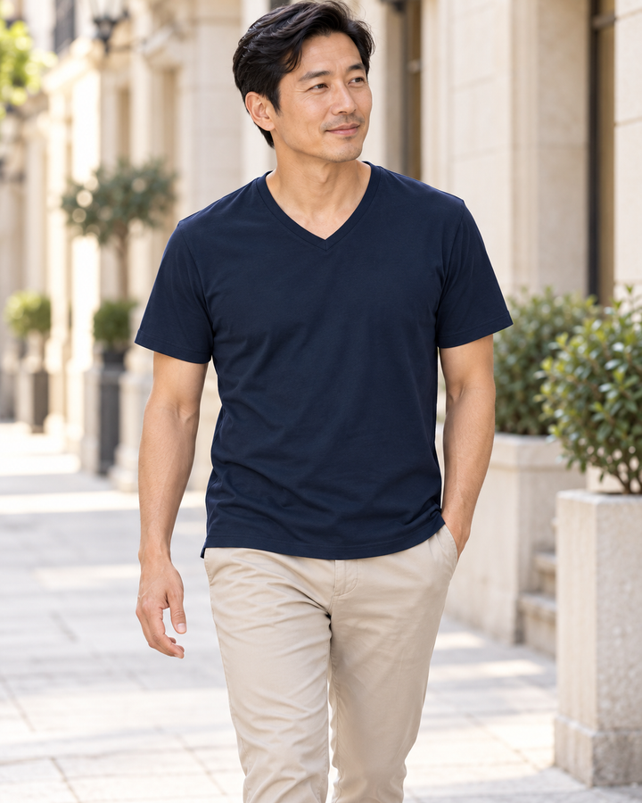 Sitztgut Herren-T-Shirt aus Baumwolle mit V-Ausschnitt – Marineblau – Alltagsansicht