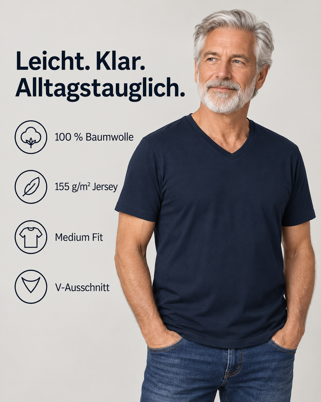 Sitztgut Herren-T-Shirt aus Baumwolle mit V-Ausschnitt – Marineblau – Produktdetails
