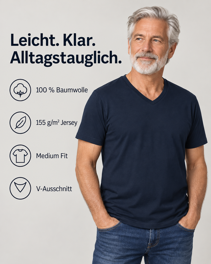 Sitztgut Herren-T-Shirt aus Baumwolle mit V-Ausschnitt – Marineblau – Produktdetails